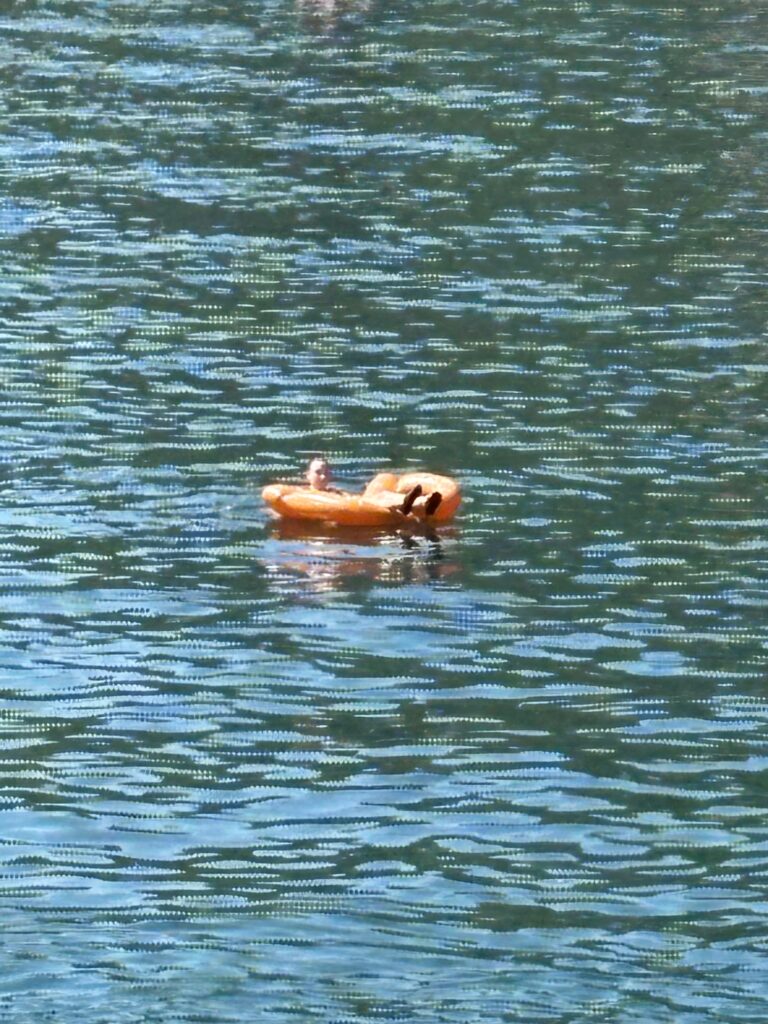 Kind auf Schwimmbrezel im See badend